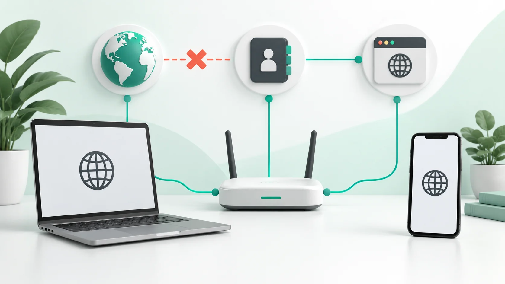 Troubleshooting diagram of computer, phone, router, and domain resolution path